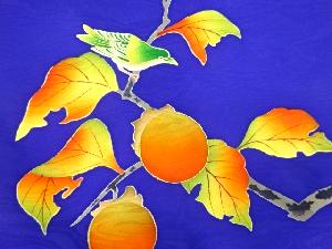 アンティーク　手描き柿に小鳥模様名古屋帯